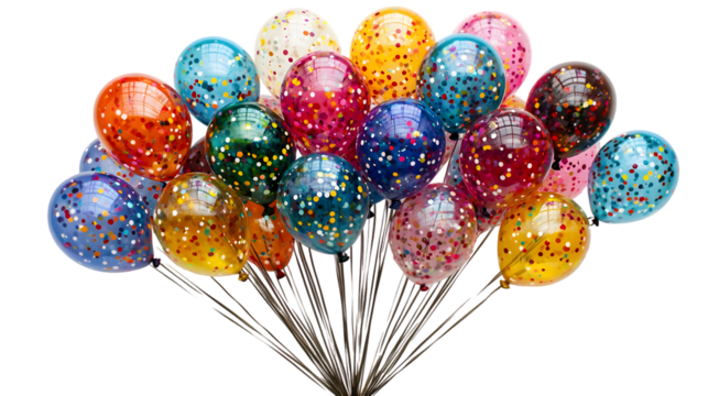 Vibrant bouquet of multicolored balloons floating freely in the air creating a cheerful isolated on a transparent background - Powered by Adobe