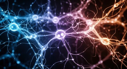 Naklejka premium A vibrant network of illuminated branching structures resembling biological cells with glowing nodes transitioning from blue to purple to orange against a dark background
