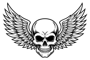 Winged Skull Illustration – Gothic Biker Emblem, Tattoo Style Skeleton Design 