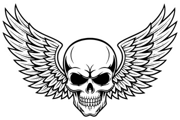 Winged Skull Illustration – Gothic Biker Emblem, Tattoo Style Skeleton Design 