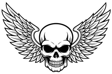Winged Skull Illustration – Gothic Biker Emblem, Tattoo Style Skeleton Design 
