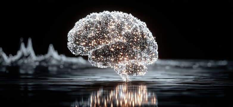 Abstract brain graphic, glowing points of light, floating above reflective surface with data visualization