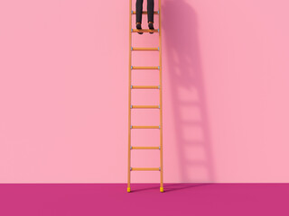 Person at top of ladder against pink wall concept of success and ambition