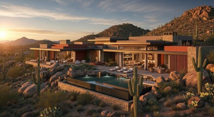 Luxury desert villa with infinity pool surrounded by cacti at sunset