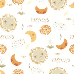 Hand drawn sun, moon, dota and spots, seamless pattern. Vector illustration for kids.