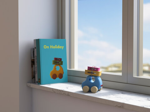 3D rendering of toy car and vacation book by window symbolizing travel