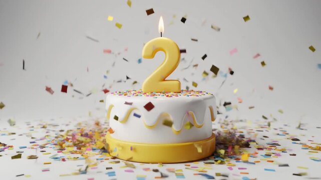 Yellow and white birthday cake with candle number 2 and falling confetti. Video for 2nd birthday or anniversary party