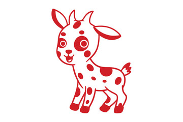 Happy cartoon goat with red spots stands cheerfully against a white background