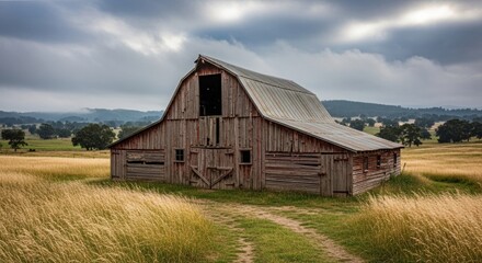 Obraz premium Rustic old wooden barn in golden field with cloudy sky and scenic countryside landscape