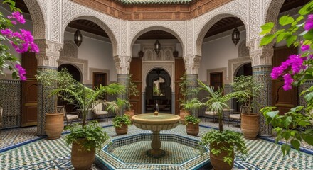 Traditional Moroccan riad courtyard with fountain, mosaic tiles, and vibrant plants