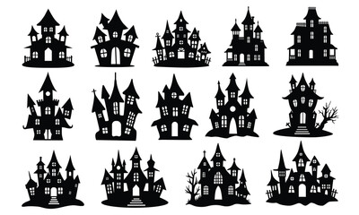 Halloween Haunted House Silhouette vector bundle and white background 