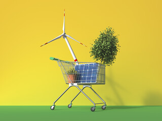 Shopping cart with wind turbine, solar panels, and plant symbolizing sustainability