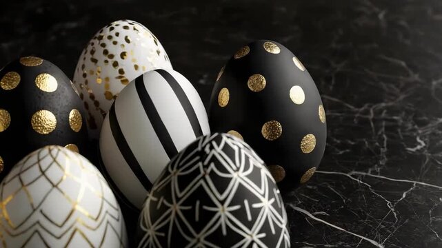 Easter eggs decorated in black, white, and gold with geometric patterns on a dark surface.