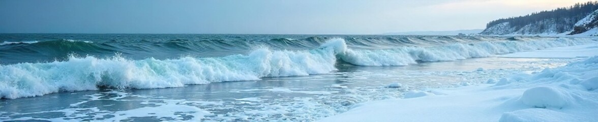 Icy waves crash against a frozen shoreline during a harsh winter tide The stark landscape showcases the raw power of nature's elements in the coldest season , frigid, cliff, tide