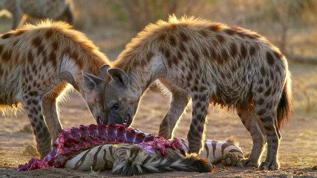 Two hyenas eating zebra carcass in the wild at sunset in Africa, scavenging animal behavior.