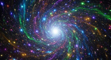 A vibrant spiral of multicolored lights and stars converges toward a brilliant central glow against a dark star-filled background