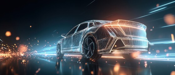 The car in a glowing wireframe speeds through a neon-lit futuristic cityscape at night