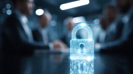 Business meeting focused on cybersecurity corporate office digital content professional environment close-up view data protection concept