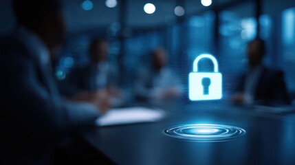 Secure business meeting in modern office digital lock icon professional environment focused viewpoint cybersecurity concept