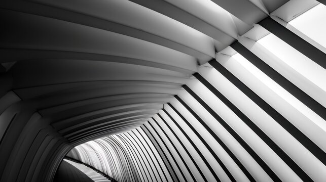 A modern, geometric, black and white architectural structure with a futuristic design, featuring a series of intersecting lines and shapes, creating a dynamic and abstract visual effect.