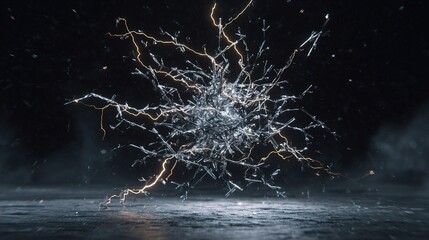 Electrified ice crystals suspended in mid fracture with sparks of lightning forming, capture frozen moment of ultra slow motion explosion of light, abstract energy concept  frozen power illustration
