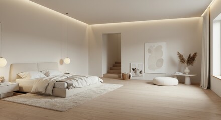 Minimalist Bedroom Interior with Bed Art and Neutral Tones.