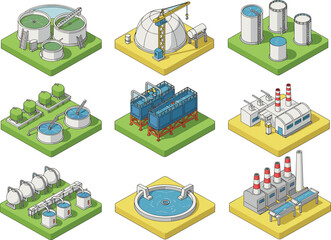 Isometric industrial plant vector set, wastewater treatment, energy production, storage tanks, clean technology, flat engineering icons collection