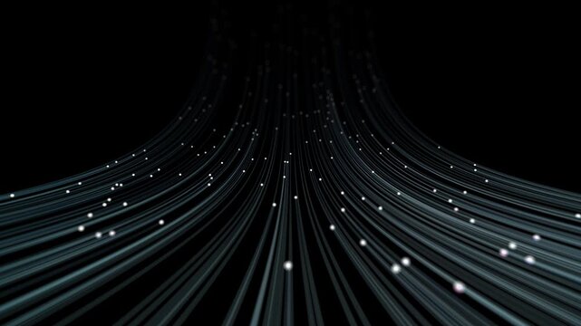 Particle white particles with optical flow, white particles with stripes. White stream with stripes, neon lines background.