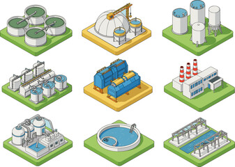 Isometric industrial plant vector set, wastewater treatment, energy production, storage tanks, clean technology, flat engineering icons collection