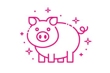 Hot pink pig stands outlined with stars and dots on a white background