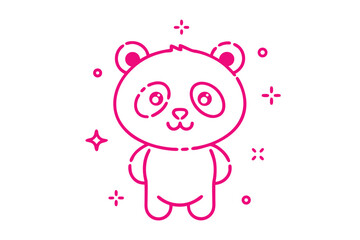 Isolated outline of pink panda standing cheerfully amidst tiny sparkles and circles on white