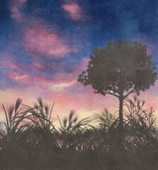 木や原っぱのシルエットが見える朝焼け、夕焼けの風景の素材イラスト