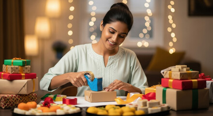 Fototapeta premium young indian woman wrapped gifts boxes using tape and ribbons on diwali festival