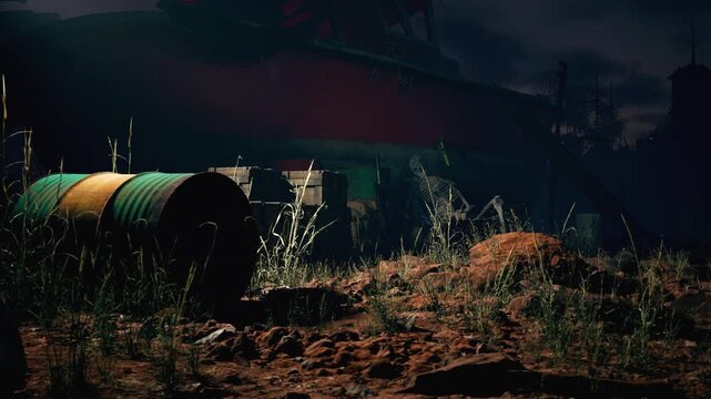 Night view of an abandoned red boat stranded on rocky desert ground in eerie light, surrounded by barrels, crates, and debris, with a human skeleton sitting in a chair beneath its hull.