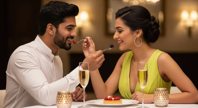young indian couple enjoying dinner together on diwali festival