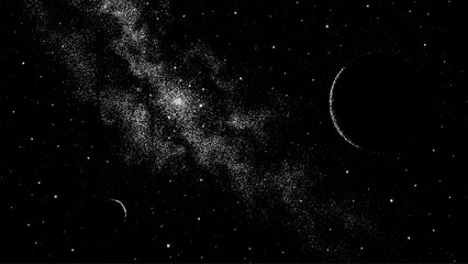 Black and white space with two planets and countless stars. Celestial body universe dark background, cosmic dot grain texture graphic for astronomical theme. © hiten666
