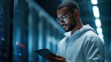 Data management action server room business content technology environment close-up view digital innovation concept