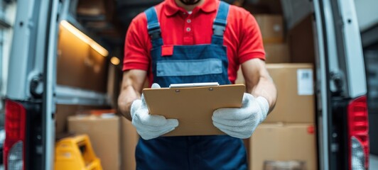The delivery worker checking paperwork while standing at the back of a van