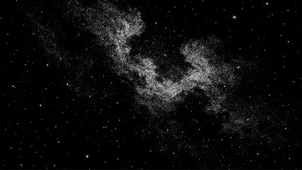 White dot grain noise texture on black background. Abstract digital space pattern for dark overlay design. © hiten666