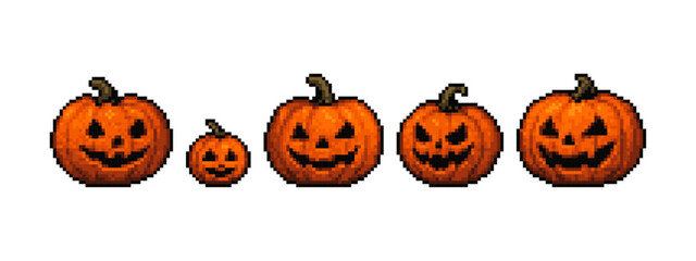 Orange pixel art halloween pumpkin set with spooky carved faces. Retro style digital artwork for Halloween design and concept art.
