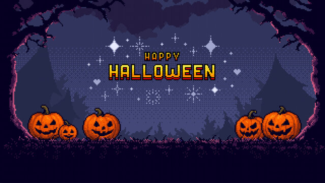 Happy Halloween pixel art background with spooky trees and jack o lanterns. Autumn holiday season digital game style.
