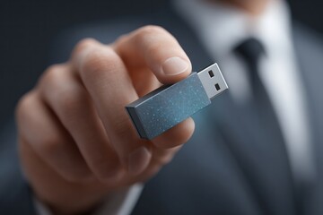 Business professional holding usb drive office digital technology modern environment close-up view data transfer concept