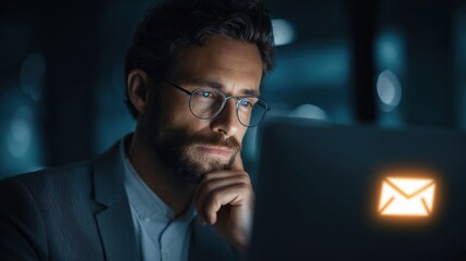 Focused businessman engaged in email communication office setting digital work environment professional perspective modern networking