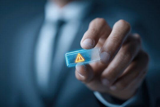 Business professional activating warning signal in futuristic office environment digital content close-up perspective