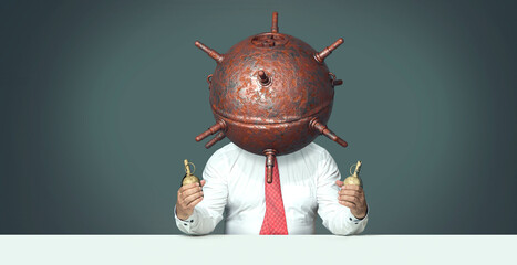 Businessman with mine head symbolising stress and mental breakdown