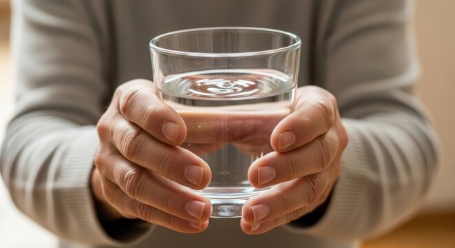 Person's hands holding a glass of clear water, shallow depth of field, and soft lighting
