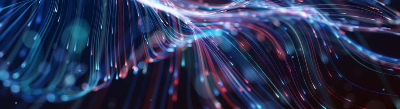 Abstract animation 3D background. Glowing neon lines ray particles on black background
