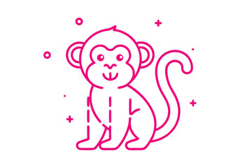 Minimalist pink monkey sits with tail curled on white background, playful geometric decorations surround it