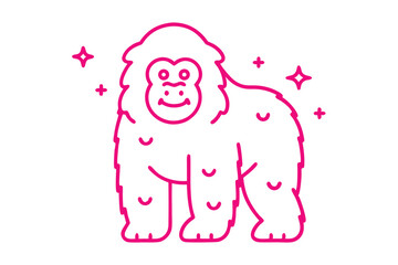 Magenta gorilla with happy face stands outlined amidst sparkles and pluses on white