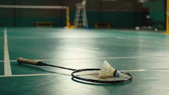 Badminton racket and shuttlecock on the court